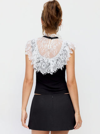 Stand Collar Contrast Lace Panel Bowknot Slim Tank Top