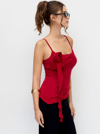 Cotton-blend Scoop Neckline Rosette Ruffle Asymmetrical Hem Cami Top