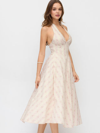 Halter Neckline Floral Lace Up Backless Maxi Dress