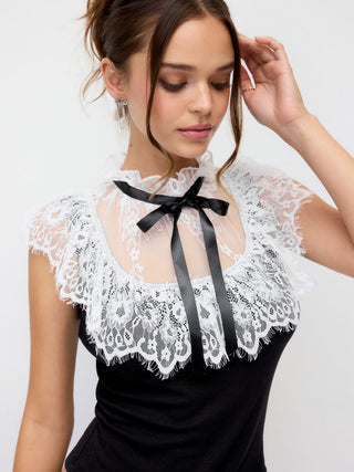 Stand Collar Contrast Lace Panel Bowknot Slim Tank Top