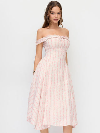 Floral Off-shoulder Ruffle Sleeve Bowknot Flared Midi Dress