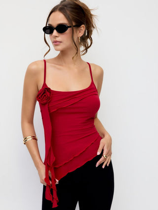 Cotton-blend Scoop Neckline Rosette Ruffle Asymmetrical Hem Cami Top
