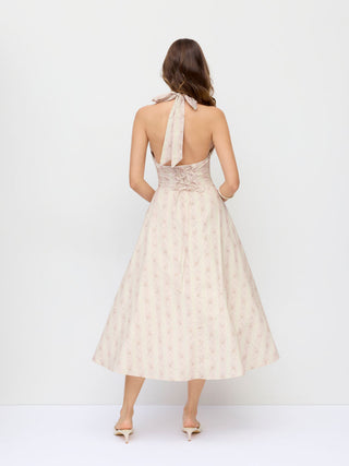 Halter Neckline Floral Lace Up Backless Maxi Dress