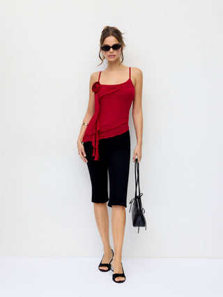 Cotton-blend Scoop Neckline Rosette Ruffle Asymmetrical Hem Cami Top