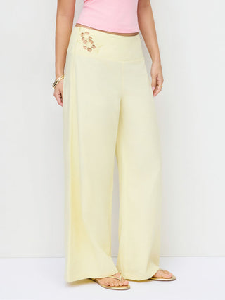 Linen-blend Mid Rise Floral Graphic Cut Out Straight Leg Trousers