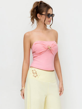 Strapless Ruched Lace Trim Starfish Metal Detail Bandeau Top