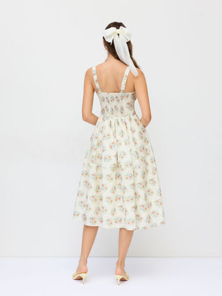 Floral Square Neck Bowknot Ruched Flared Maxi Tank Dress