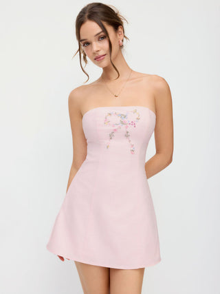 Linen-blend Floral Bowknot Embroidery Lace up Flared Mini Dress