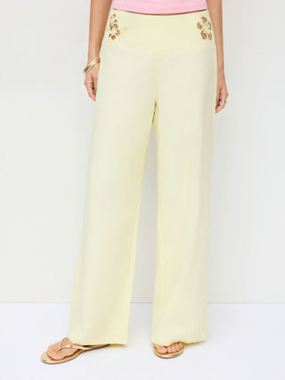 Linen-blend Mid Rise Floral Graphic Cut Out Straight Leg Trousers
