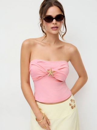 Strapless Ruched Lace Trim Starfish Metal Detail Bandeau Top