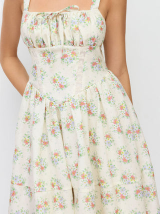 Floral Square Neck Bowknot Ruched Flared Maxi Tank Dress