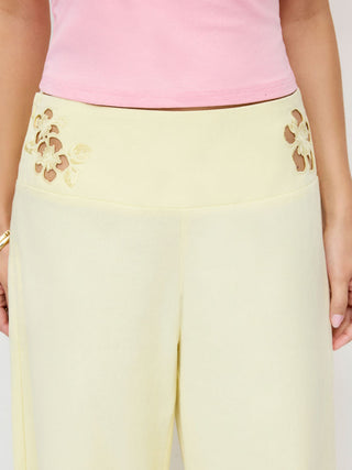 Linen-blend Mid Rise Floral Graphic Cut Out Straight Leg Trousers