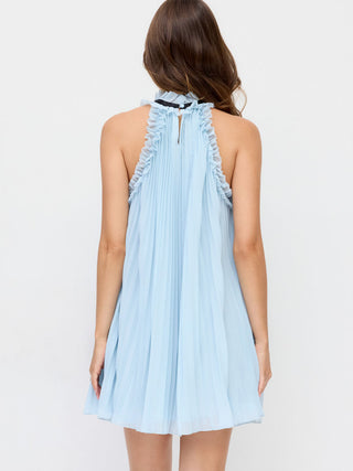 Chiffon Stand Collar Pleated Rosette Bowknot A-line Mini Dress