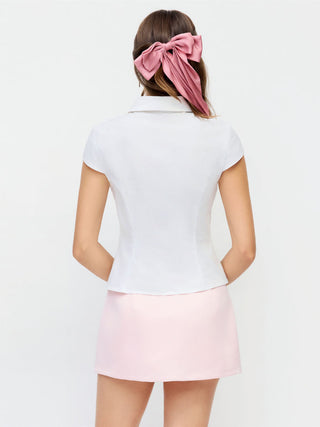 Cotton-blend Short Sleeve Pearl Detail Bowknot Blouse