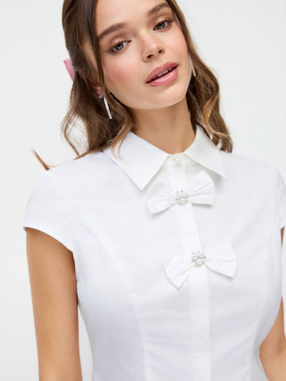 Cotton-blend Short Sleeve Pearl Detail Bowknot Blouse