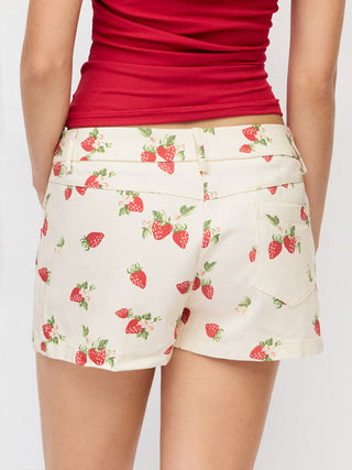100% Cotton Mid Rise Strawberry Graphic Micro Shorts