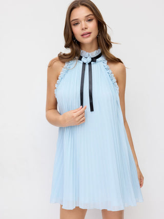 Chiffon Stand Collar Pleated Rosette Bowknot A-line Mini Dress
