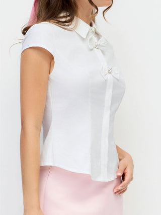 Cotton-blend Short Sleeve Pearl Detail Bowknot Blouse