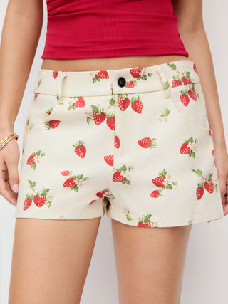 100% Cotton Mid Rise Strawberry Graphic Micro Shorts