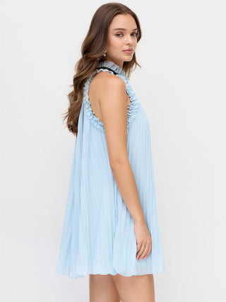 Chiffon Stand Collar Pleated Rosette Bowknot A-line Mini Dress