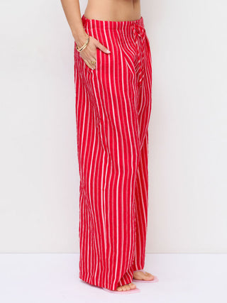 Cotton-blend Mid Rise Striped Drawstring Straight Leg Trousers