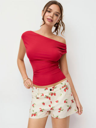 100% Cotton Mid Rise Strawberry Graphic Micro Shorts