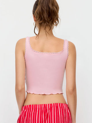 Floral Graphic Square Neck Lace Trim Rhinestone Slim Crop Tank Top