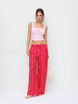 Cotton-blend Mid Rise Striped Drawstring Straight Leg Trousers