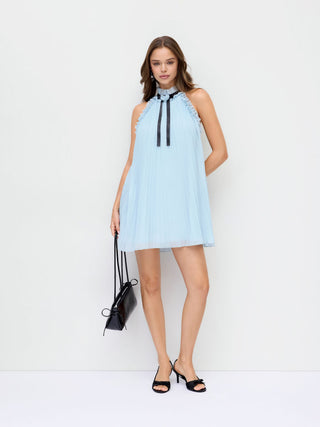 Chiffon Stand Collar Pleated Rosette Bowknot A-line Mini Dress