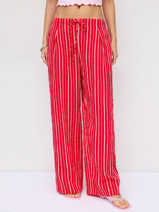 Cotton-blend Mid Rise Striped Drawstring Straight Leg Trousers