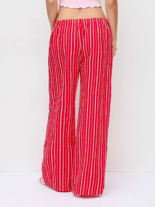 Cotton-blend Mid Rise Striped Drawstring Straight Leg Trousers