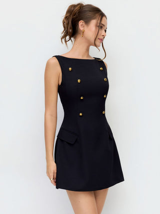 Boat Neck Metal Detail A-line Mini Dress