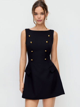 Boat Neck Metal Detail A-line Mini Dress