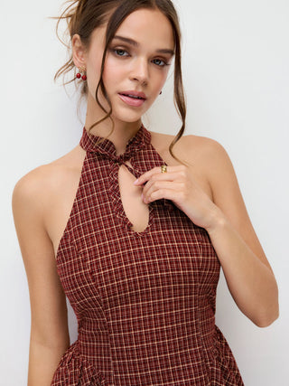Cotton Plaid Halter Neckline Cut Out Bowknot Flared Mini Dress