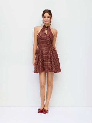Cotton Plaid Halter Neckline Cut Out Bowknot Flared Mini Dress