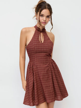 Cotton Plaid Halter Neckline Cut Out Bowknot Flared Mini Dress