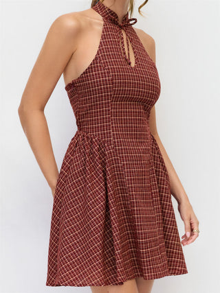 Cotton Plaid Halter Neckline Cut Out Bowknot Flared Mini Dress