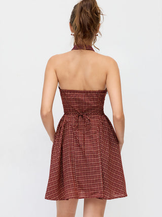 Cotton Plaid Halter Neckline Cut Out Bowknot Flared Mini Dress