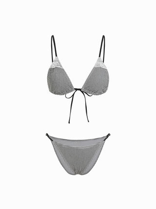 Textured V-neck Gingham Lace Trim Triangle Low Rise Bikini Set