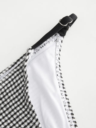 Textured V-neck Gingham Lace Trim Triangle Low Rise Bikini Set