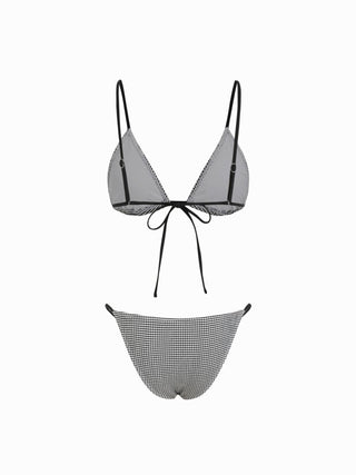 Textured V-neck Gingham Lace Trim Triangle Low Rise Bikini Set