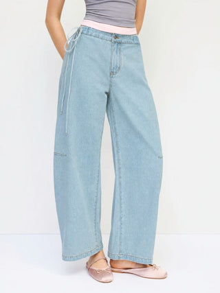 Denim Mid Rise Barrel-Leg Side Strap Jeans