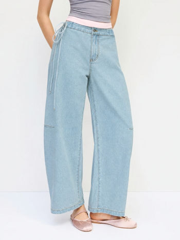 Denim Mid Rise Barrel-Leg Side Strap Jeans