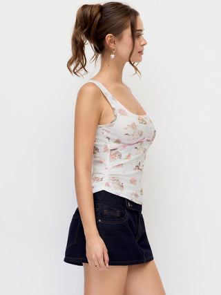Cat & Floral Graphic Square Neck Lace Trim Bowknot Tank Top