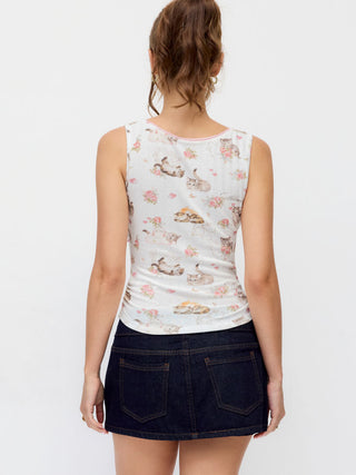 Cat & Floral Graphic Square Neck Lace Trim Bowknot Tank Top
