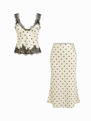Satin Polka Dot Lace Top & Mid Rise Mermaid Maxi Skirt Set