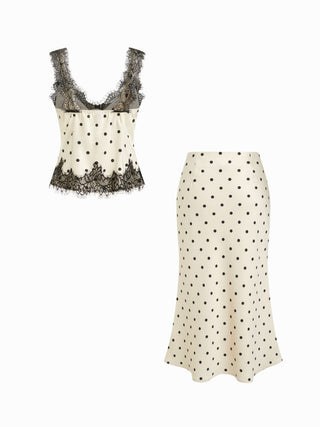 Satin Polka Dot Lace Top & Mid Rise Mermaid Maxi Skirt Set