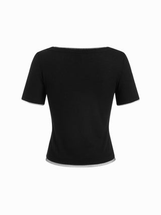 Boat Neck Mesh Trim Short Sleeve Tee