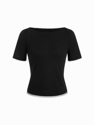 Boat Neck Mesh Trim Short Sleeve Tee