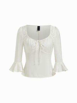 Satin Scoop Neck Ruffle Sleeve Drawstring Blouse